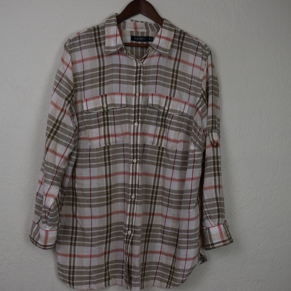 Ralph Lauren Plaid‎ Cotton Shirt 2X Beige Red Long Sleeve Button Front Roll Tab